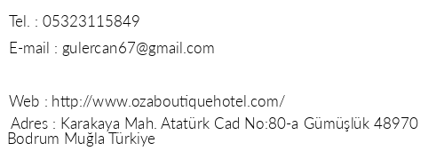 Oza Boutique Hotel telefon numaralar, faks, e-mail, posta adresi ve iletiim bilgileri